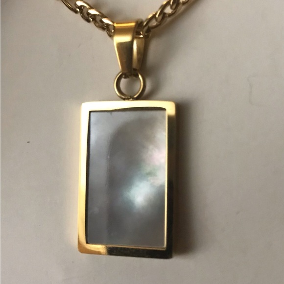 Mother Pearl Rectangle Iridescent Shell Gold Stainless Steel Geometric Necklace - Picture 6 of 17
